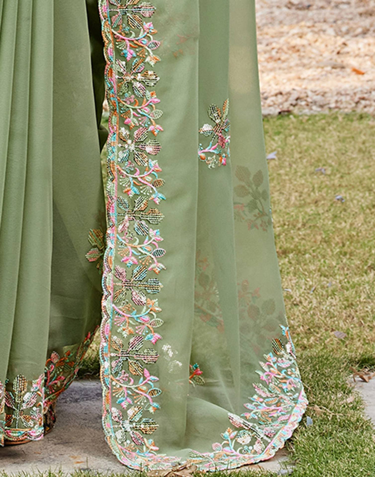 Pista Green Georgette Sequence Embroidery Saree