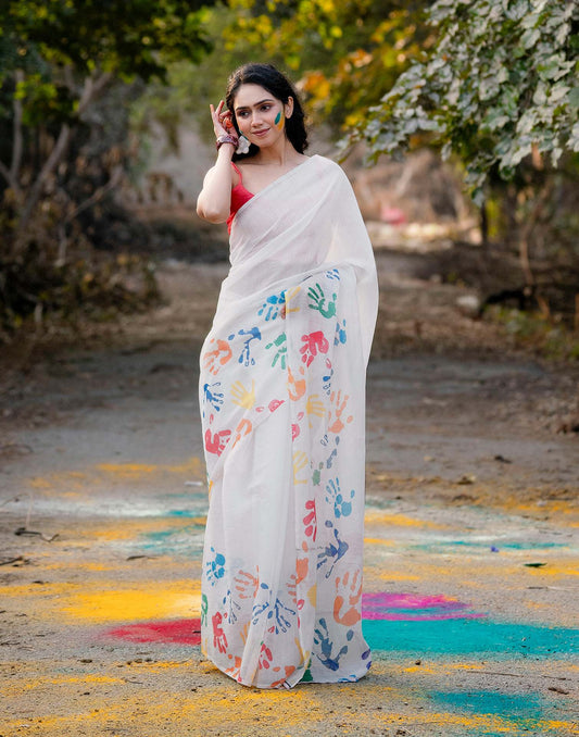 Off White Linen Printed Saree