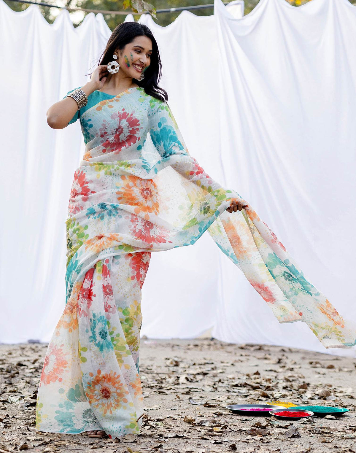 Off White Linen Printed Saree