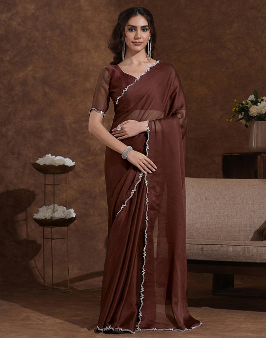 Coffee Brown Chiffon Stone Work Swarovski Saree