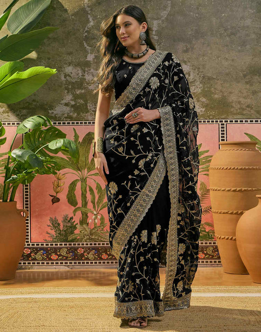 Black Georgette Embroidery Saree