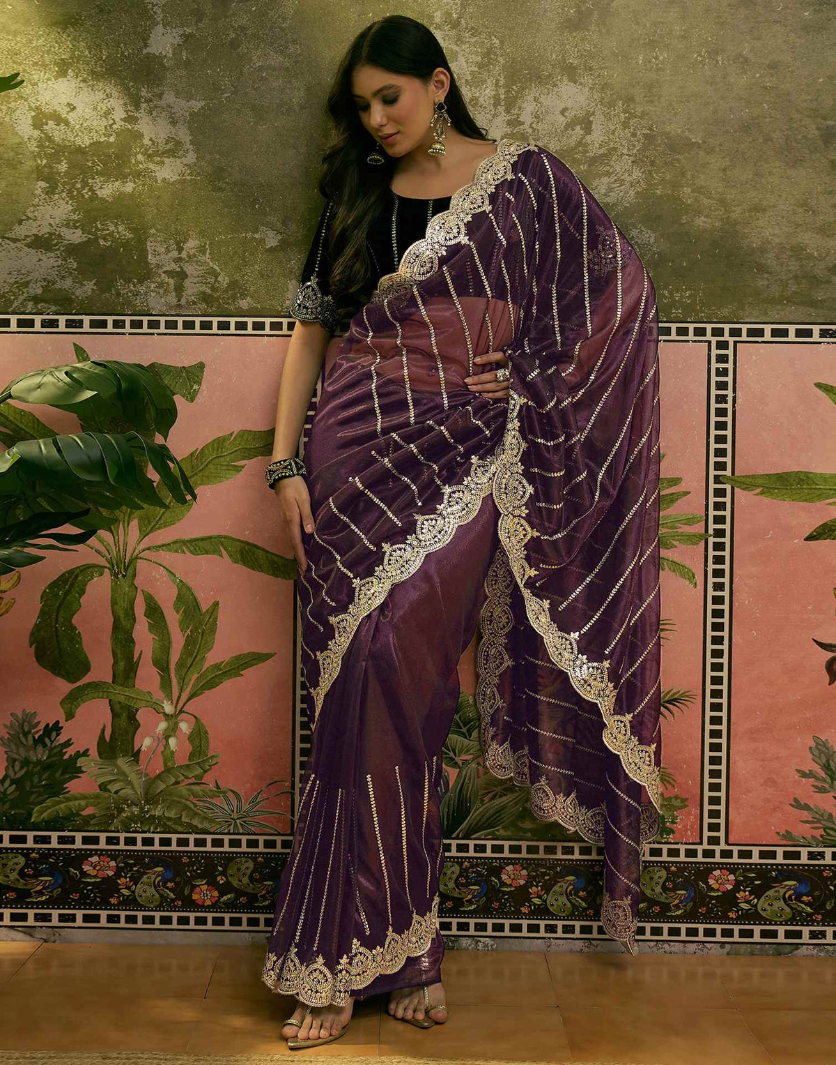 Wine Net Sequence Embroidery Saree