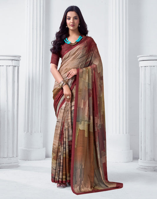 Dark Beige Crepe Printed Saree
