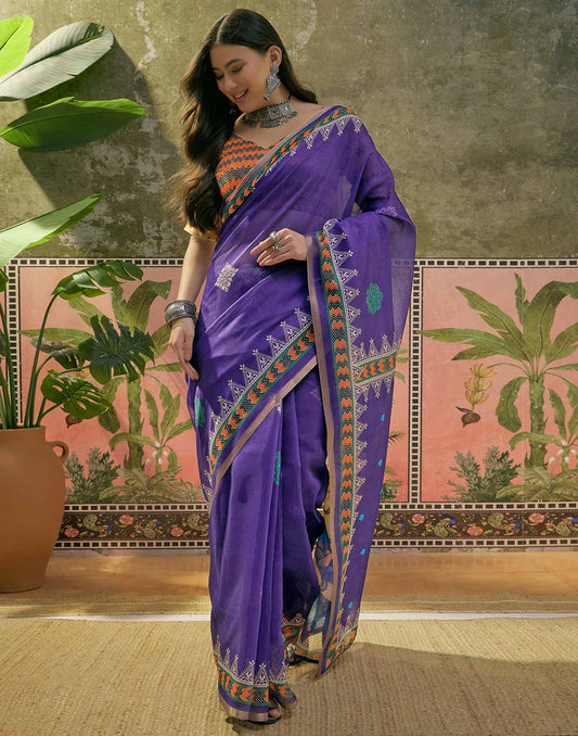 Violet Cotton Linen Printed Saree