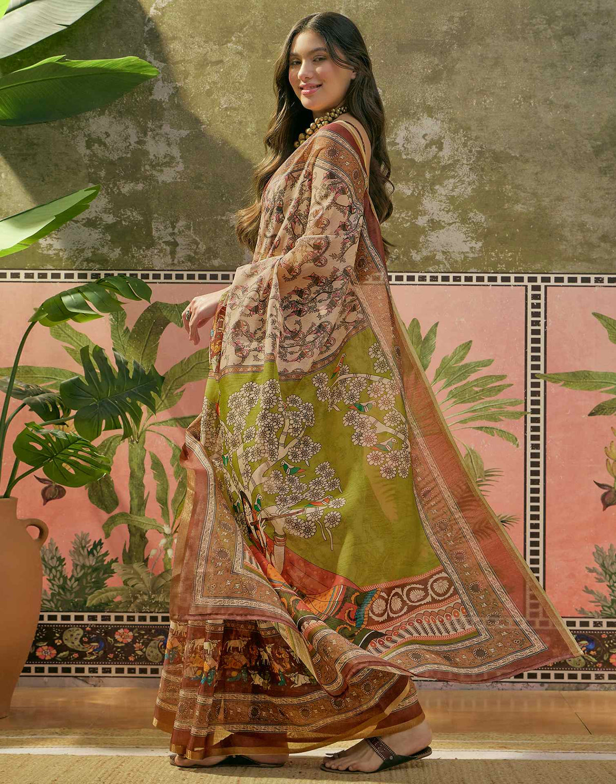 Beige Cotton Linen Printed Saree
