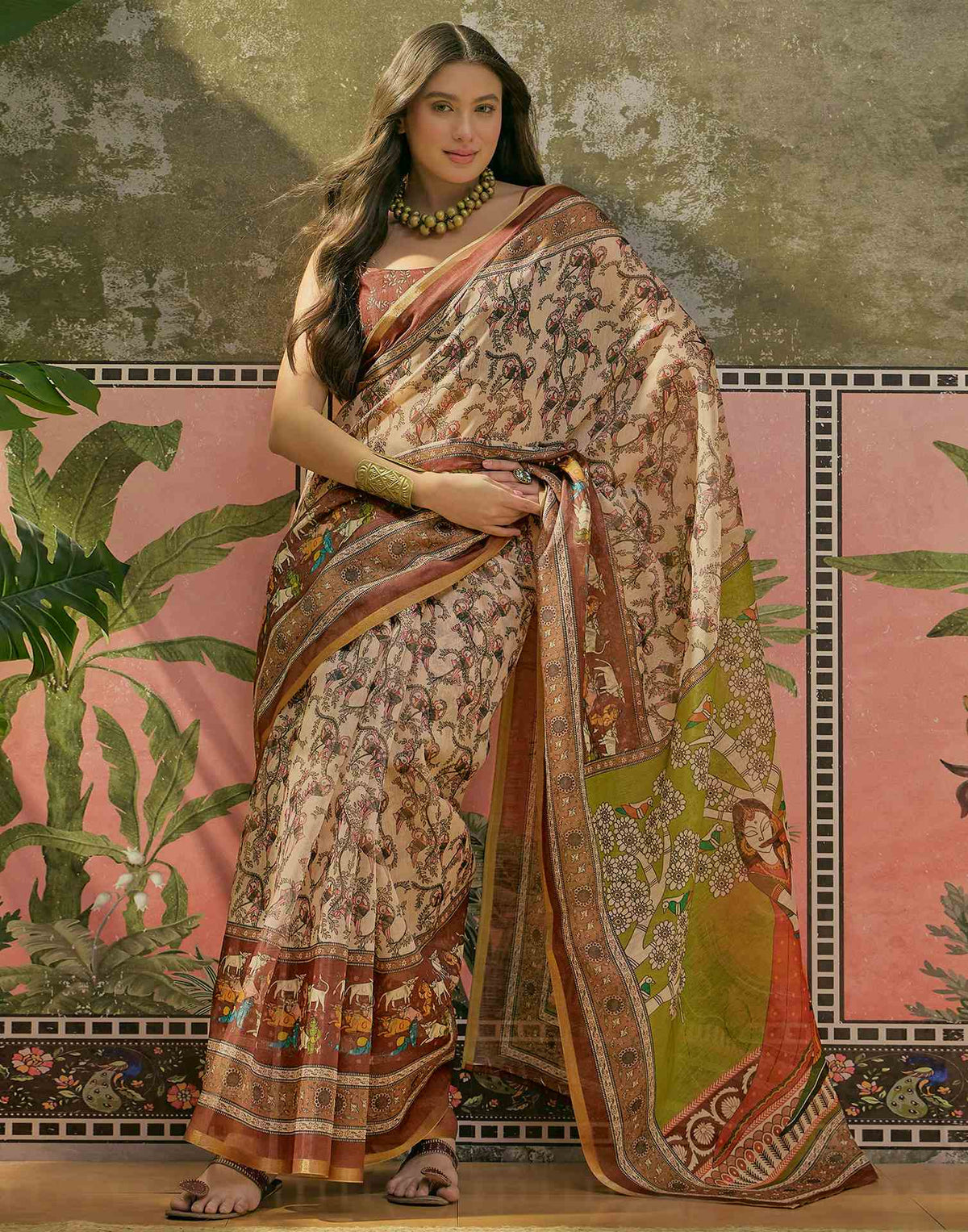 Beige Cotton Linen Printed Saree
