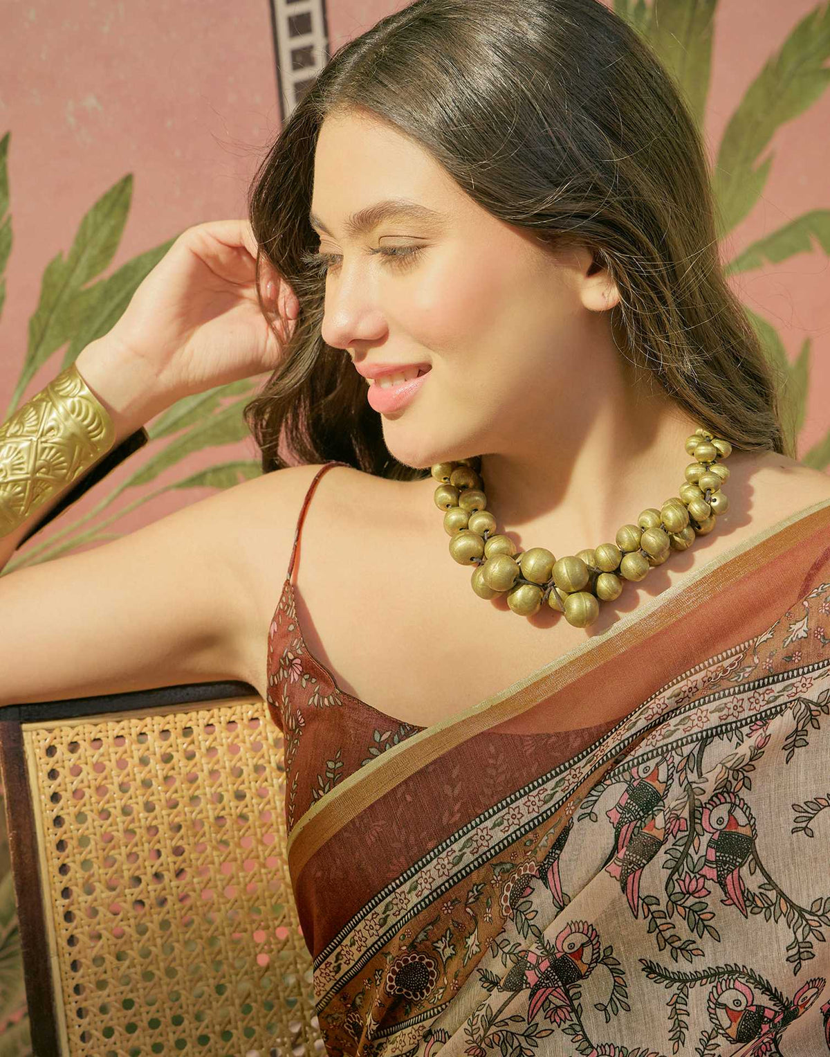 Beige Cotton Linen Printed Saree