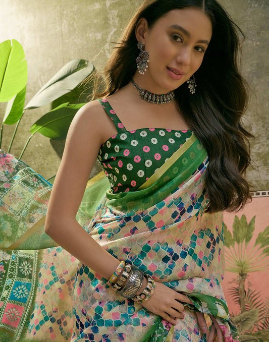 Beige Cotton Linen Printed Saree