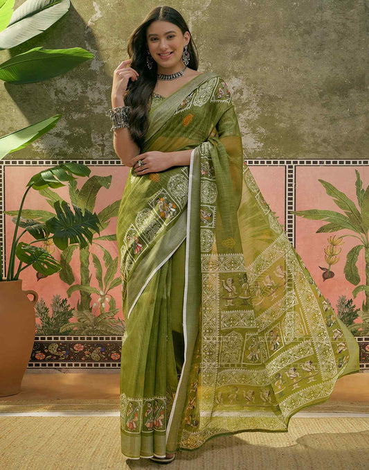 Mehndi Green Cotton Linen Printed Saree