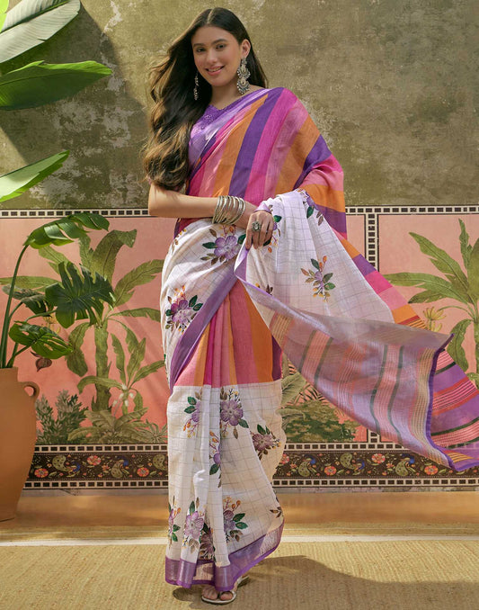 White Linen Floral Printed Saree