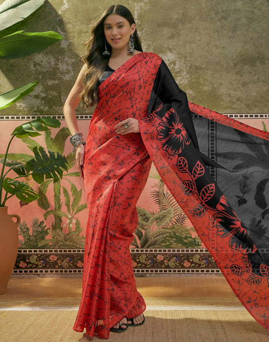 Red Khadi Floral Printed Saree