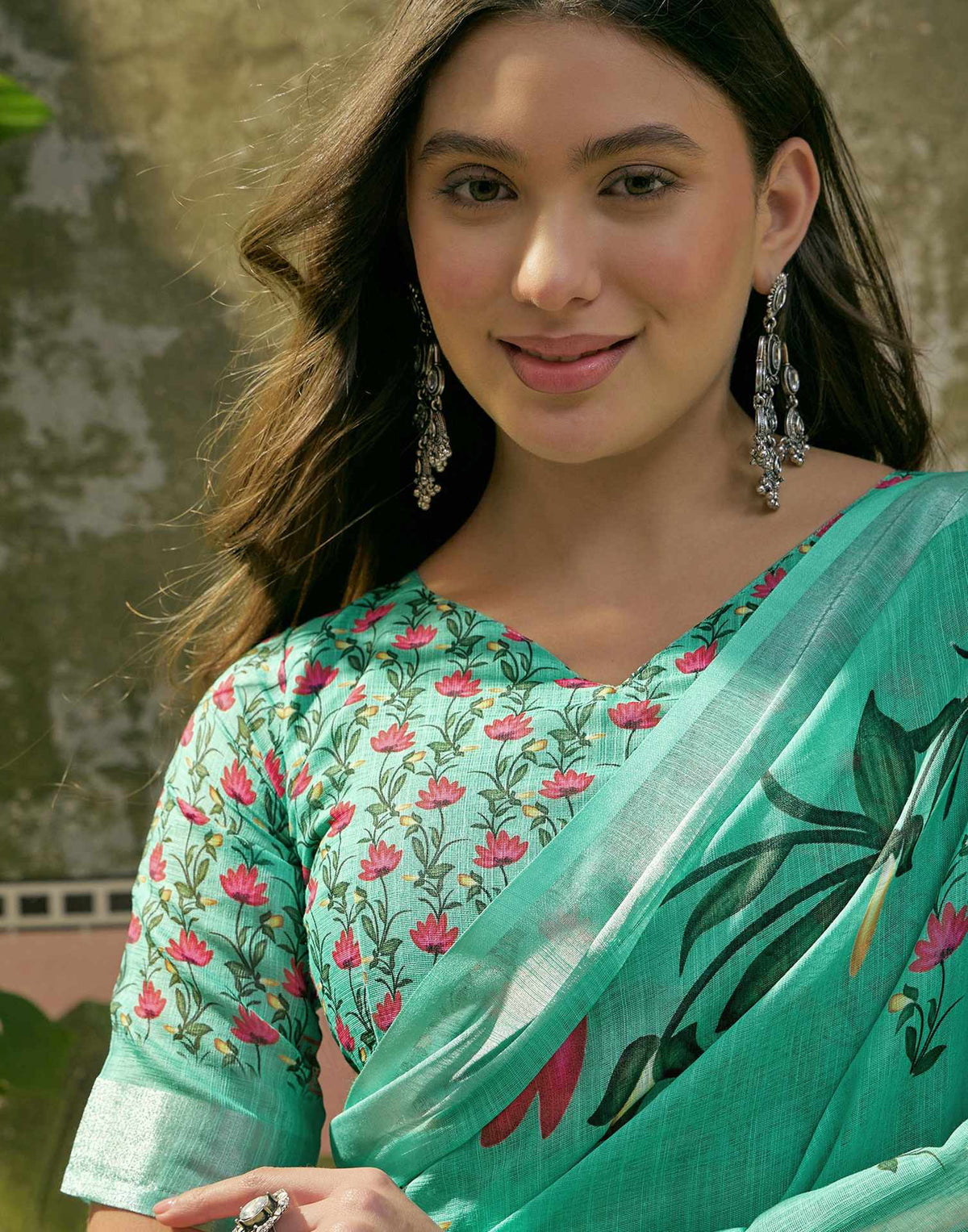 Mint Green Linen Floral Printed Saree