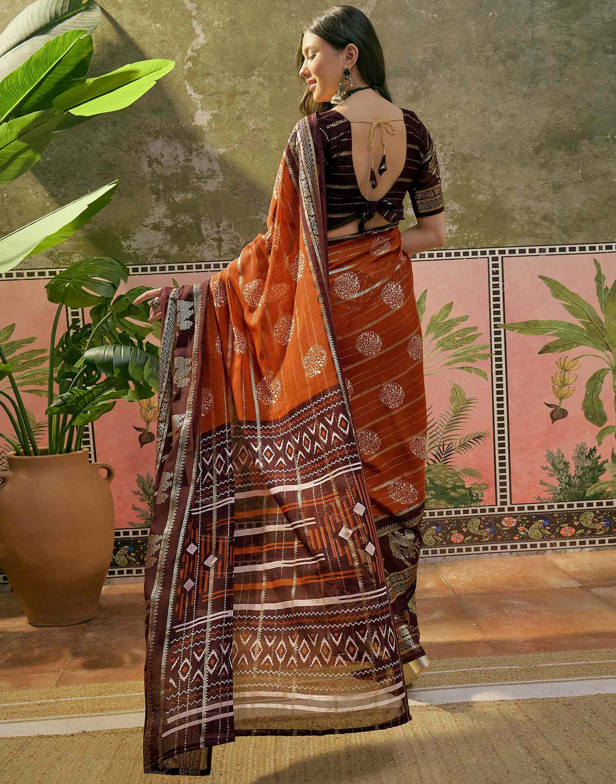 Rust Georgette Foil Printed Saree