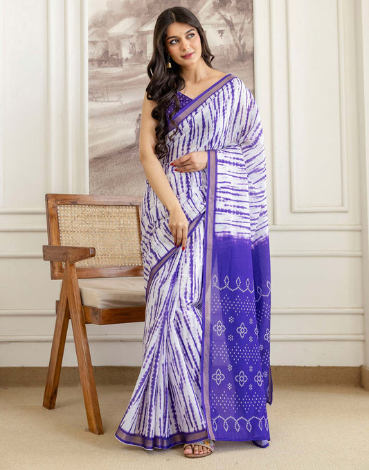 Off White Silk Bandhani Printed Zari Border Saree