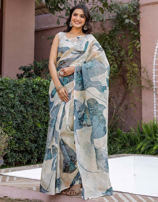 Off White Shimmer Silk Printed Saree