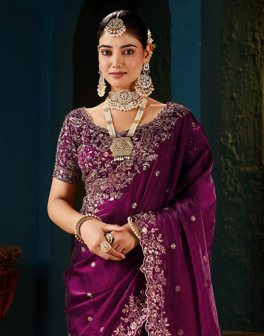 Wine Tissue Satin Sequence Embroidery Saree
