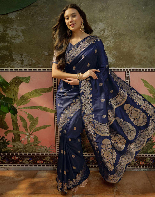 Navy Blue Silk Woven Banarasi Saree