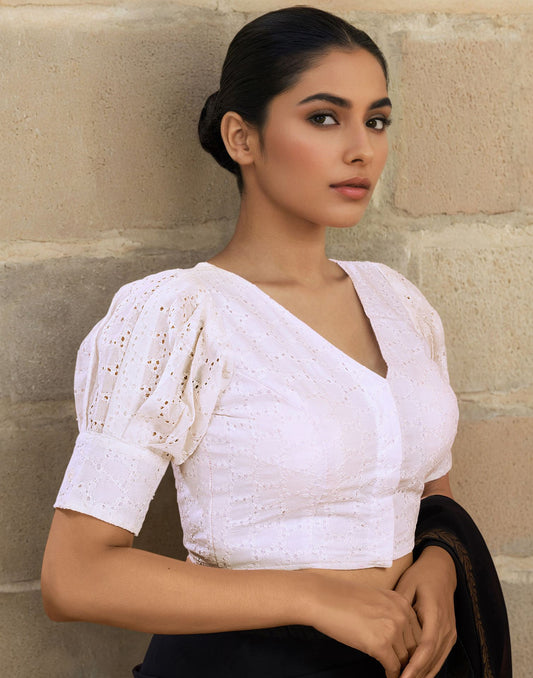 White Cotton Shifali Work Plain Blouse
