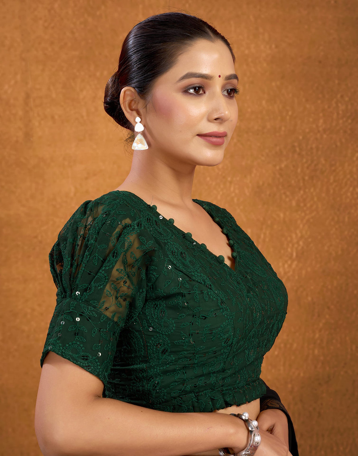 Dark Green Georgette Plain Chikankari Blouse