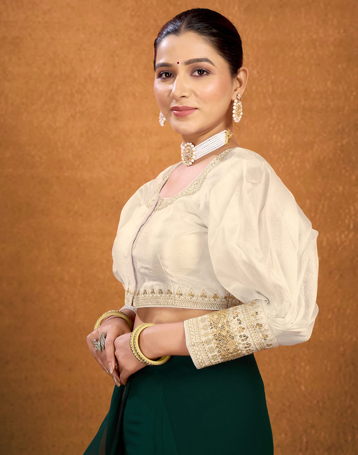 Cream Silk Plain Sequence Blouse