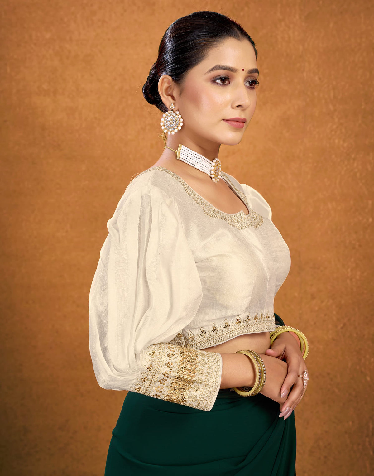 Cream Silk Plain Sequence Blouse