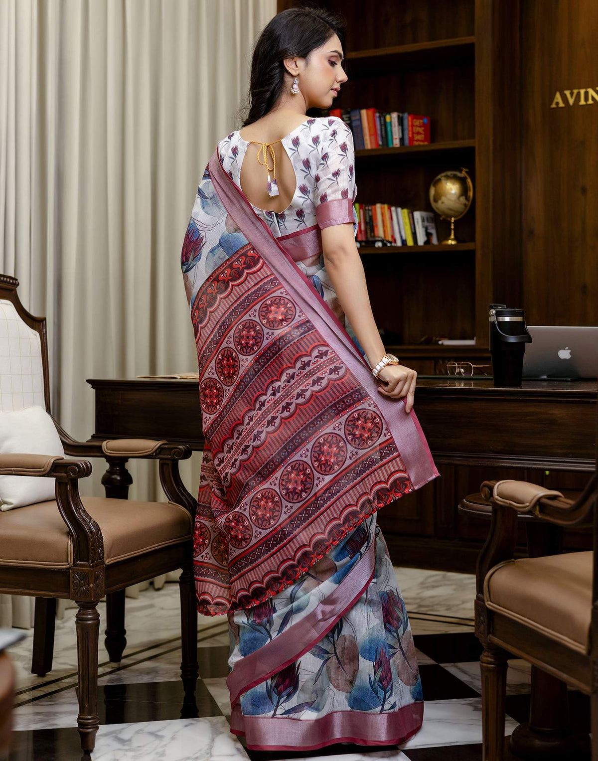 Ready To Wear White Linen Floral Printed Saree