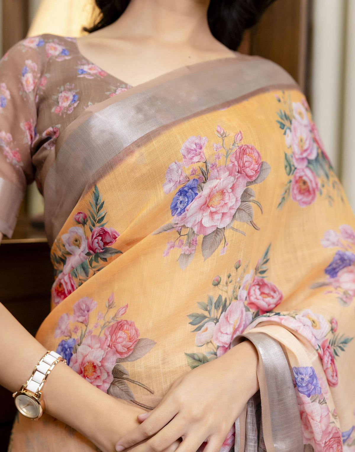 Ready To Wear Beige Linen Floral Printed Saree