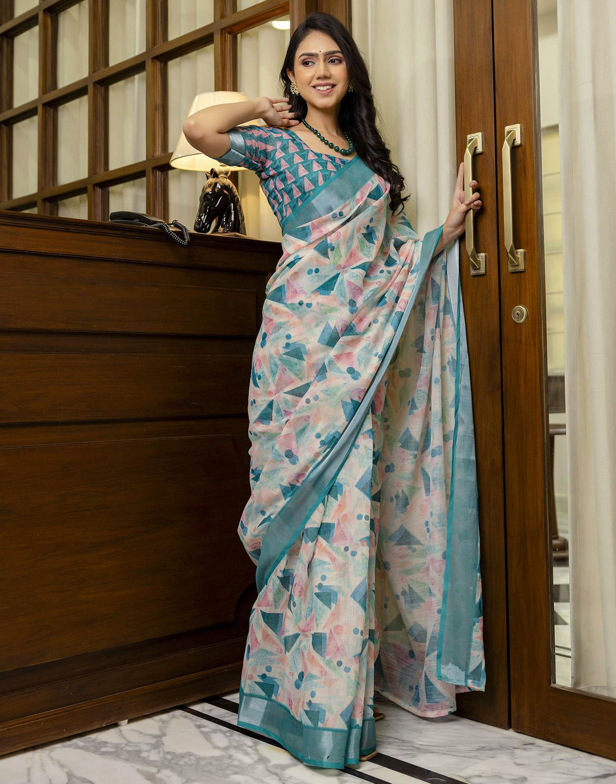Ready To Wear Off White Linen Printed Saree