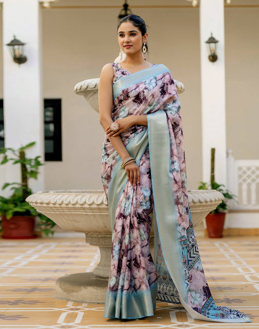 Ready To Wear Dusty Mauve Dola Silk Woven Border Printed Saree