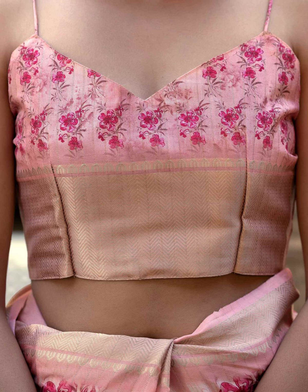 Ready To Wear Peach Dola Silk Woven Border Floral Printed Saree