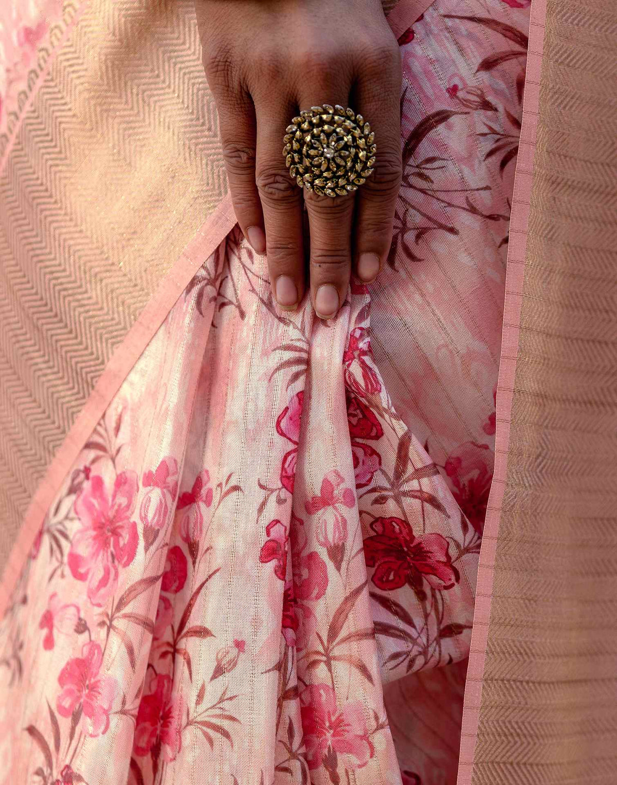 Ready To Wear Peach Dola Silk Woven Border Floral Printed Saree