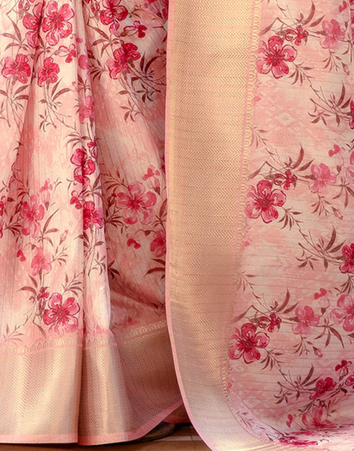 Ready To Wear Peach Dola Silk Woven Border Floral Printed Saree