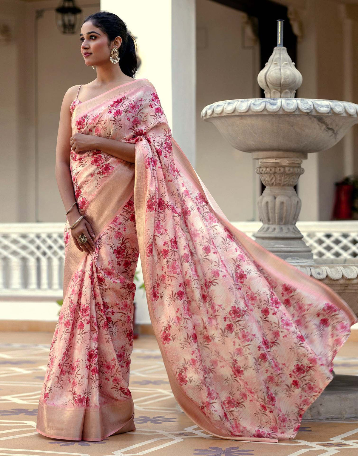 Ready To Wear Peach Dola Silk Woven Border Floral Printed Saree