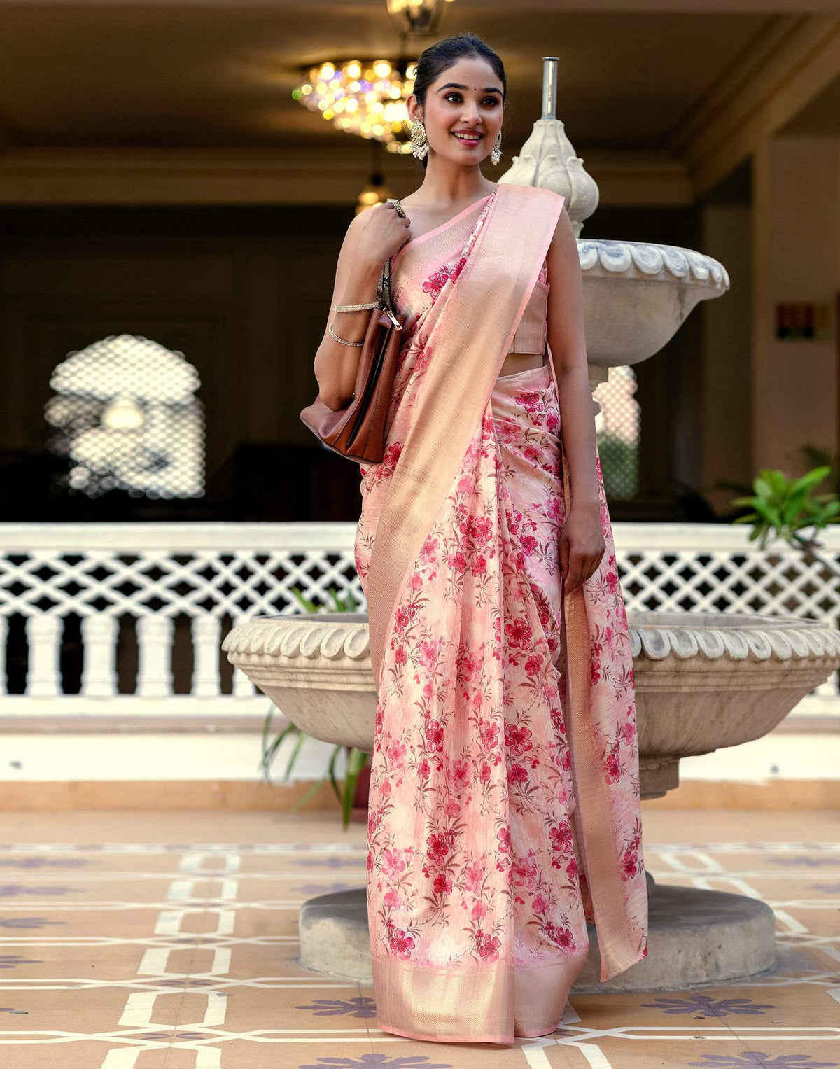 Ready To Wear Peach Dola Silk Woven Border Floral Printed Saree