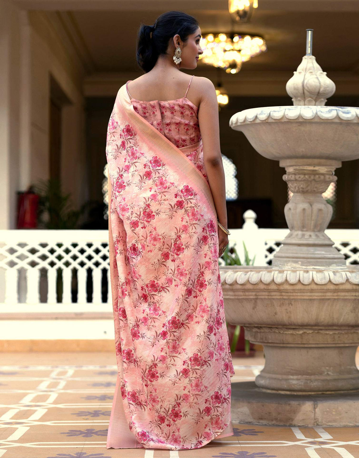 Ready To Wear Peach Dola Silk Woven Border Floral Printed Saree