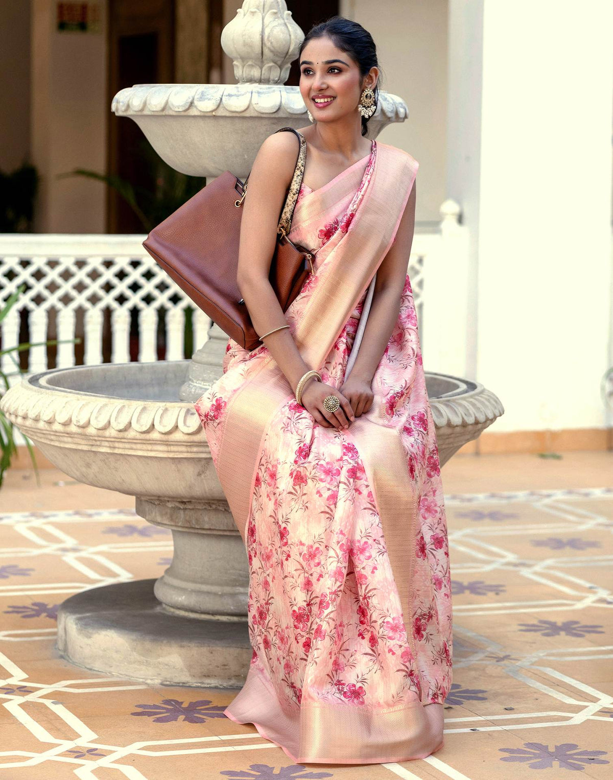 Ready To Wear Peach Dola Silk Woven Border Floral Printed Saree