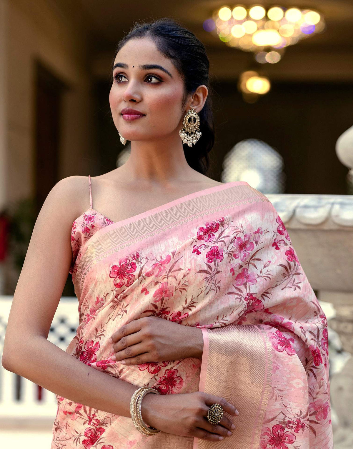 Ready To Wear Peach Dola Silk Woven Border Floral Printed Saree