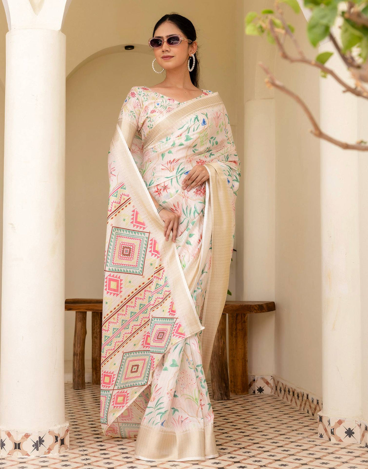 Ready To Wear Cream Dola Silk Floral Printed Saree