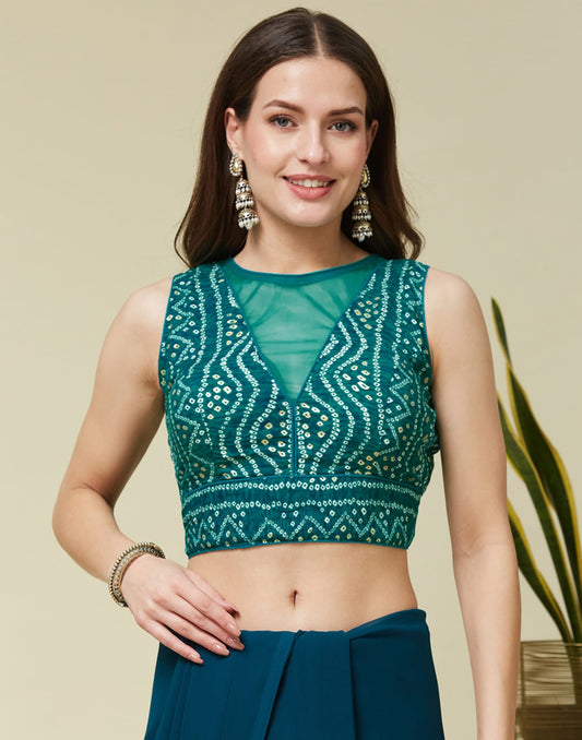 Teal Green Cotton Printed Bandhani Blouse
