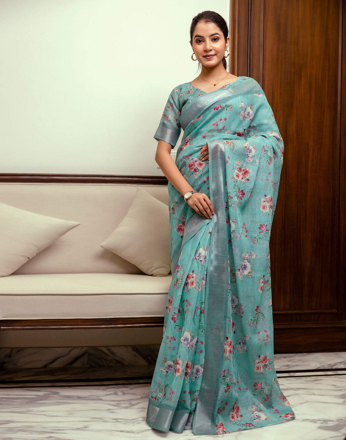 Ready To Wear Turquoise Linen Woven Border Floral Printed Saree