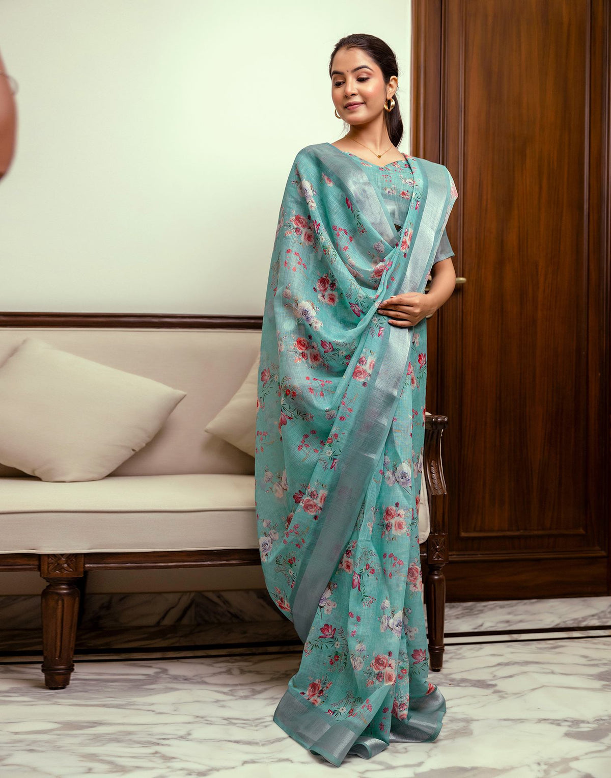 Ready To Wear Turquoise Linen Woven Border Floral Printed Saree