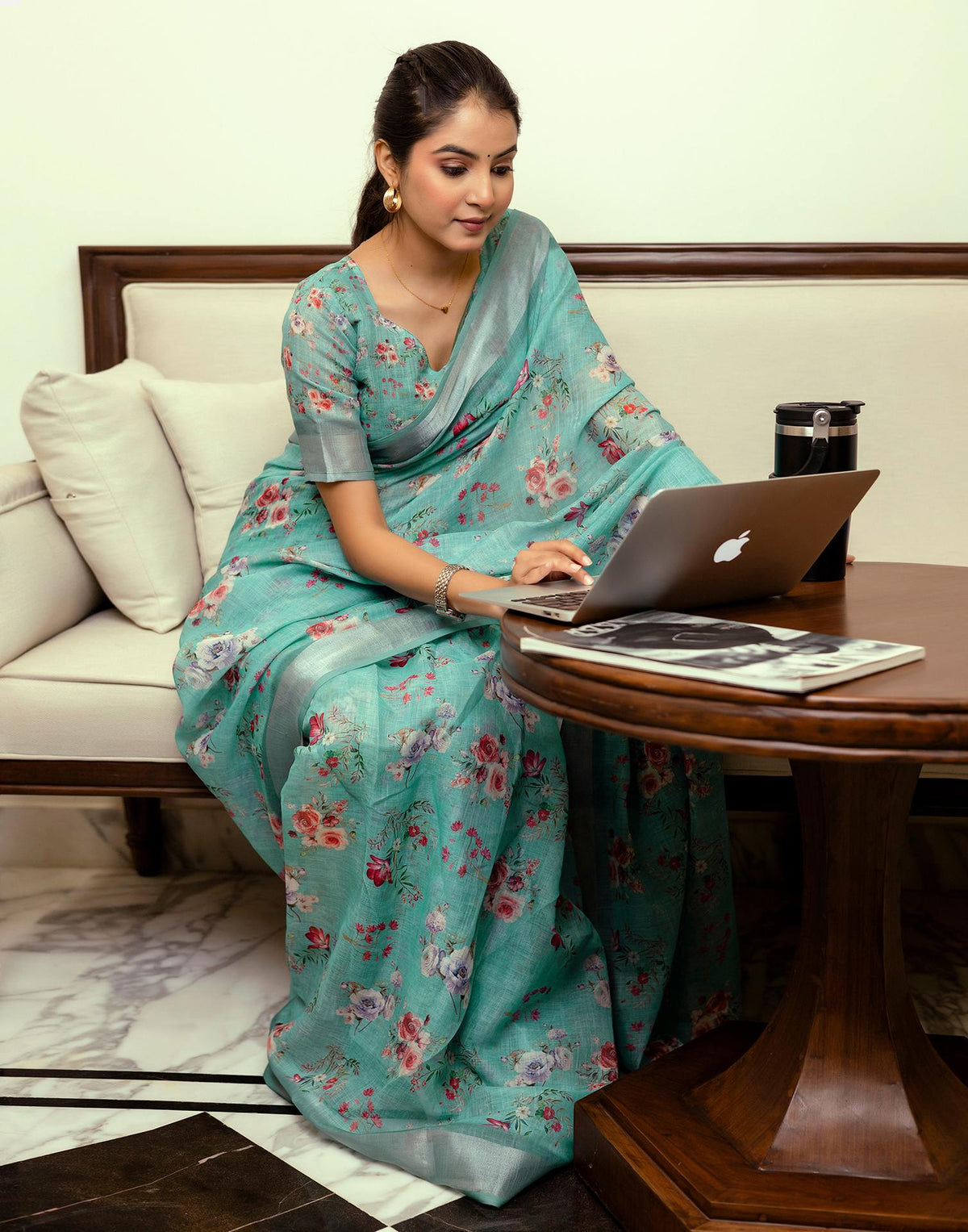 Ready To Wear Turquoise Linen Woven Border Floral Printed Saree