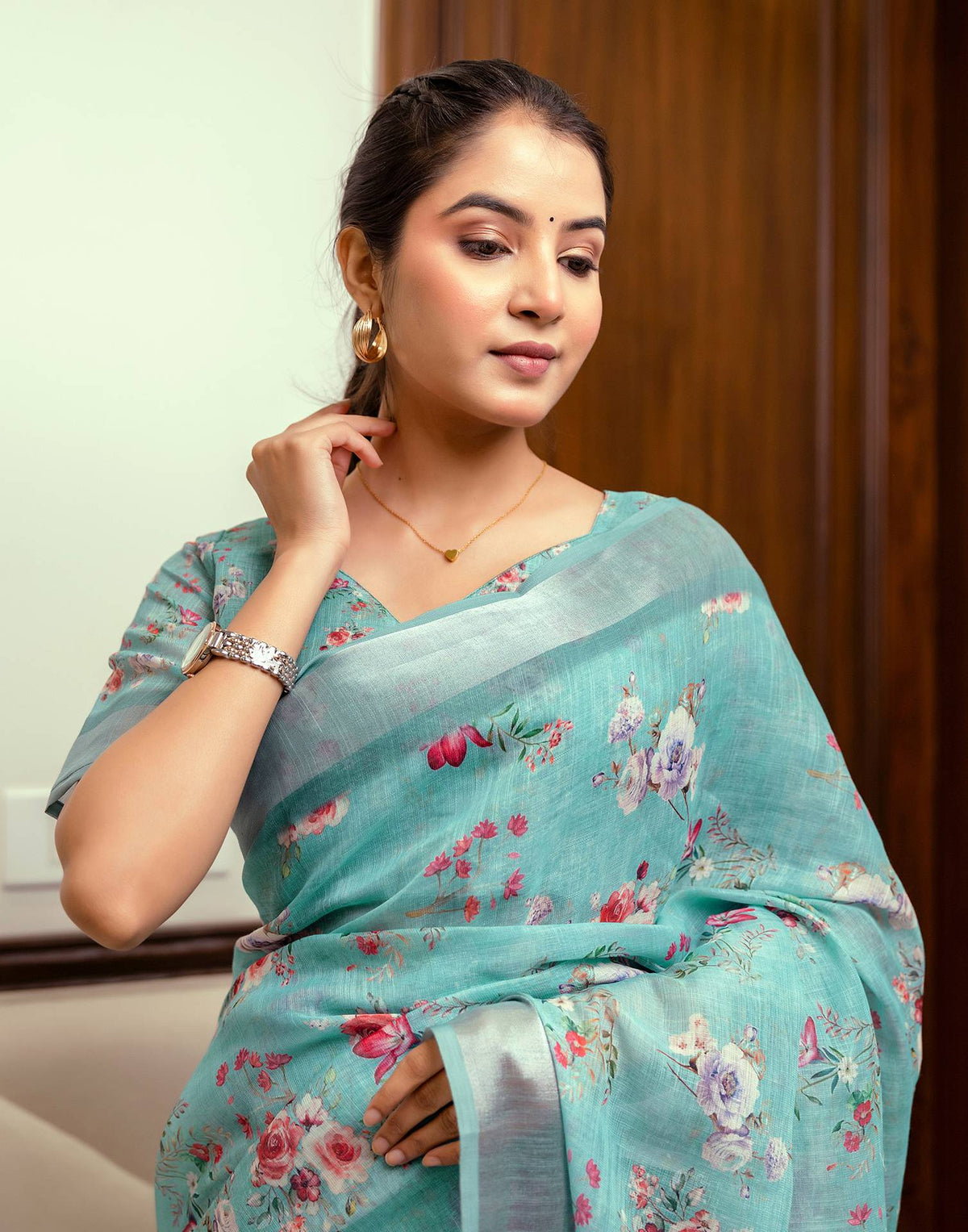 Ready To Wear Turquoise Linen Woven Border Floral Printed Saree