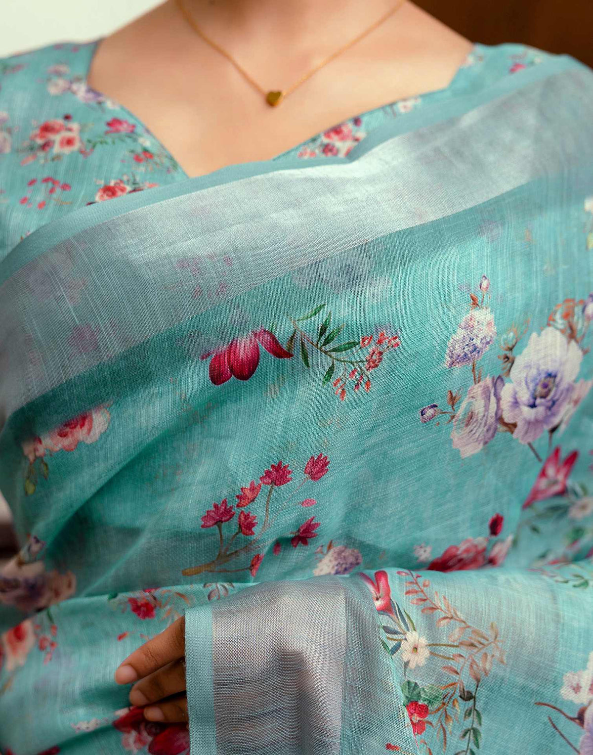 Ready To Wear Turquoise Linen Woven Border Floral Printed Saree