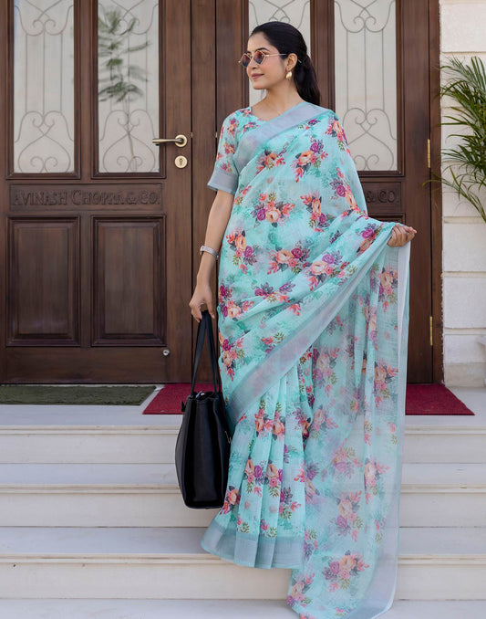 Ready To Wear Sky Blue Linen Woven Border Floral Printed Saree