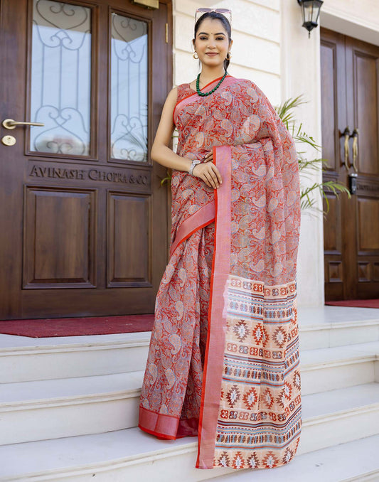 Ready To Wear Red Linen Woven Border Printed Saree