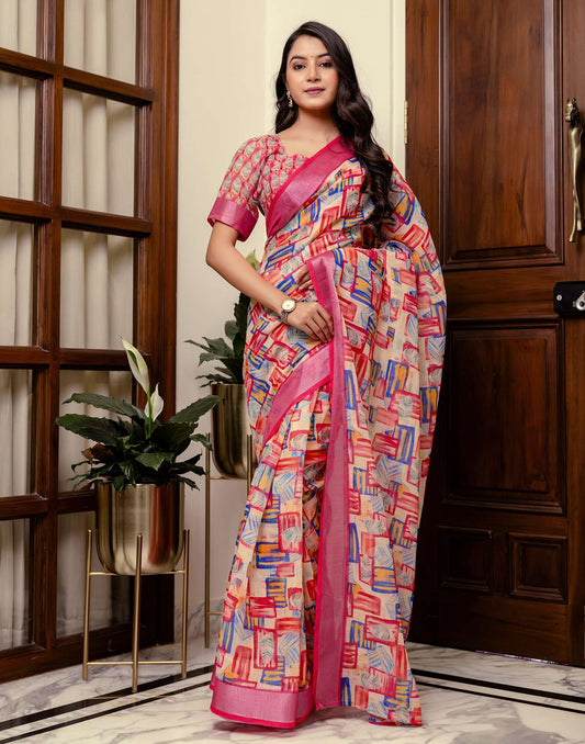 Ready To Wear Dark Pink Linen Woven Border Printed Saree