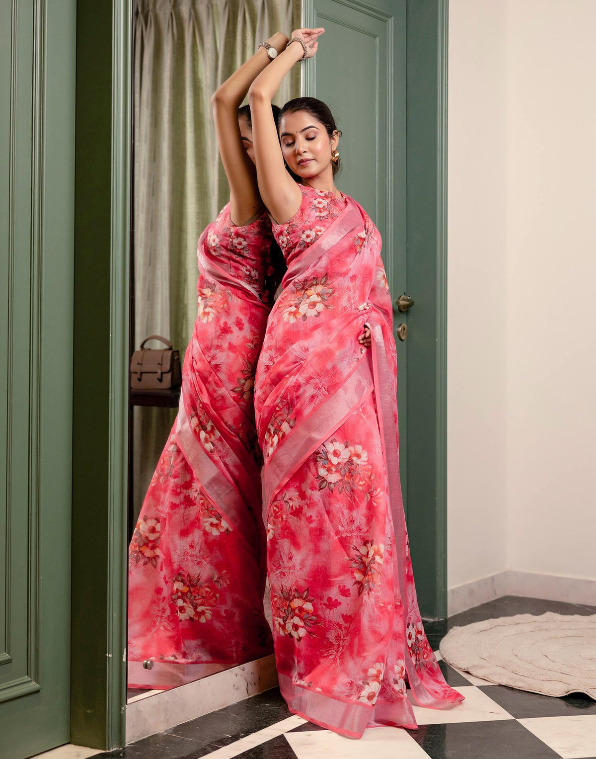 Ready To Wear Rose Pink Linen Woven Border Floral Printed Saree