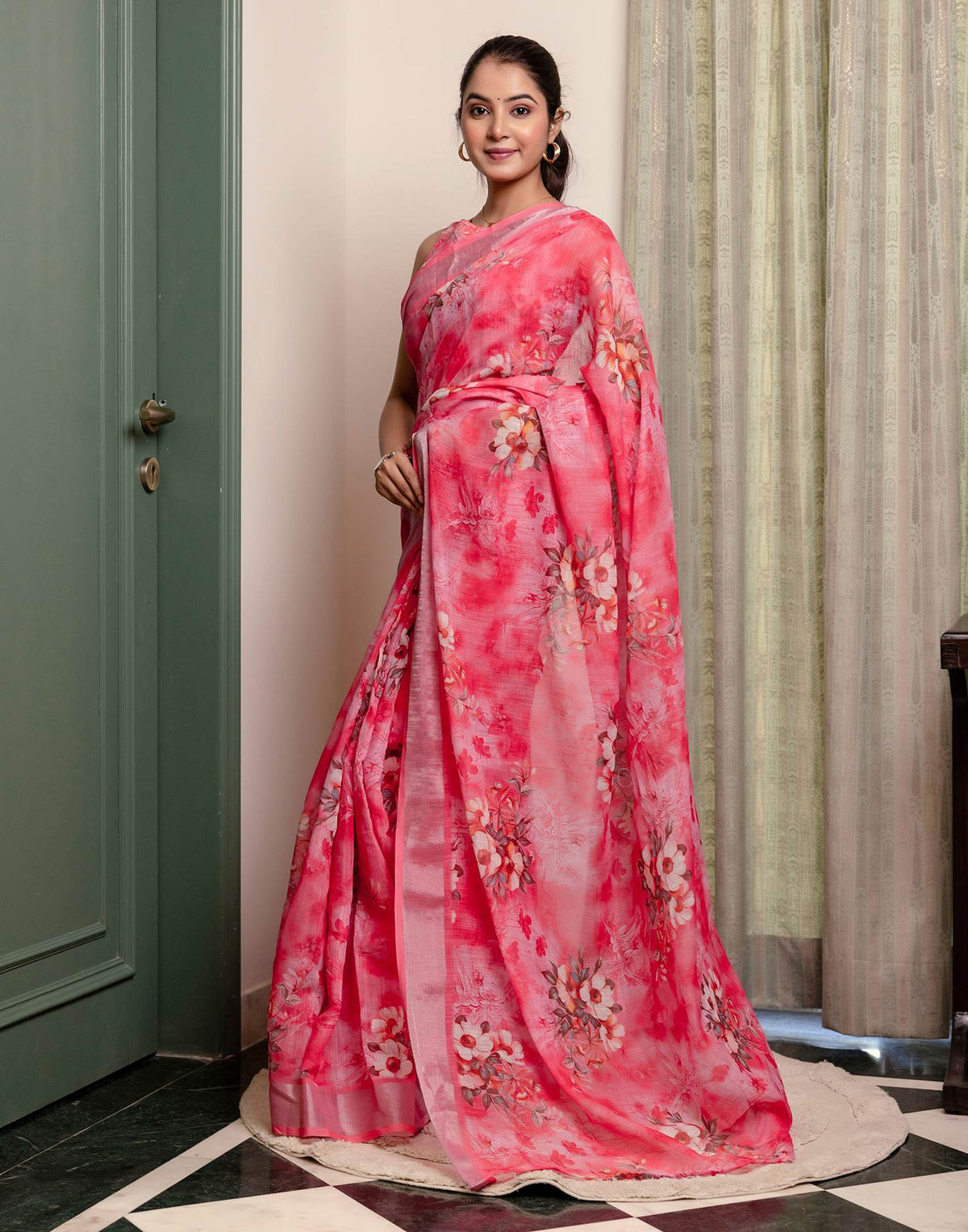 Ready To Wear Rose Pink Linen Woven Border Floral Printed Saree