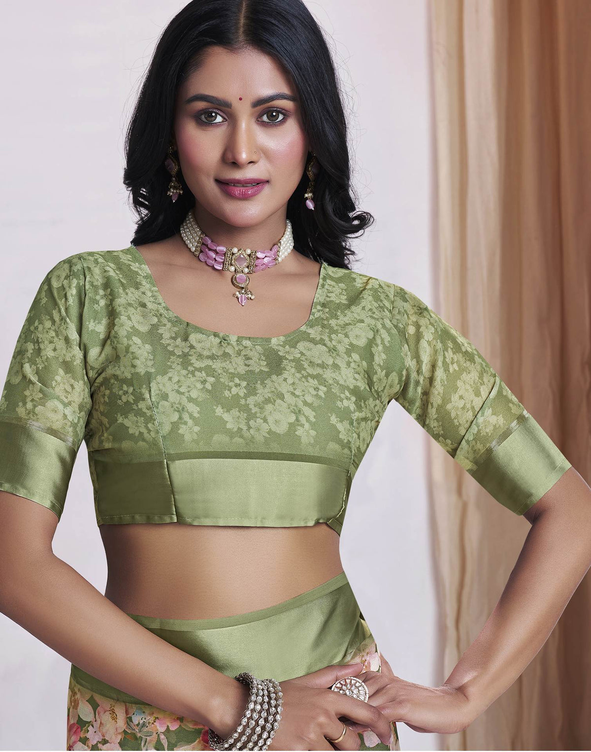 Ready To Wear Olive Green Georgette Floral Printed Saree